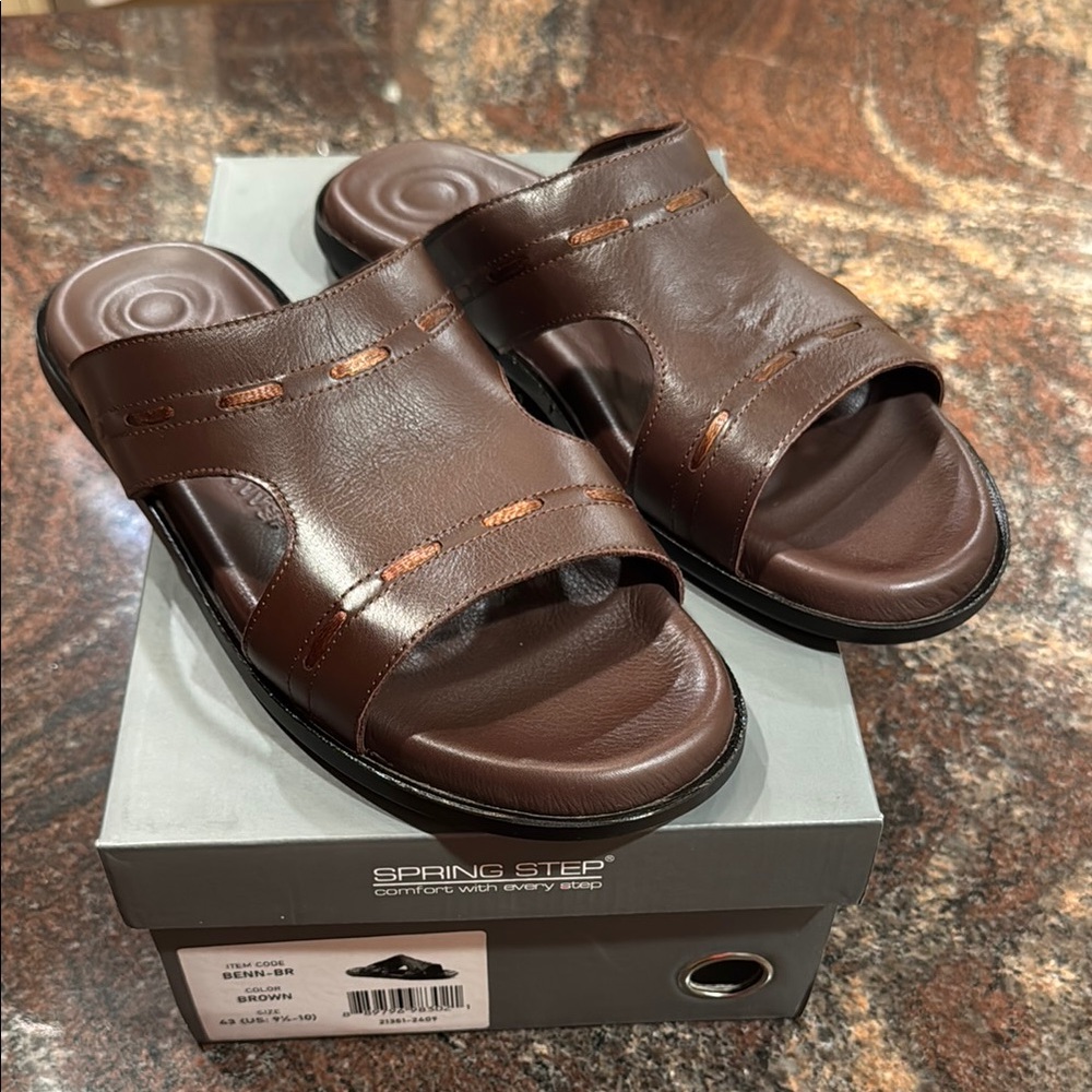 Spring Step Brown Leather Slide Sandals NIB